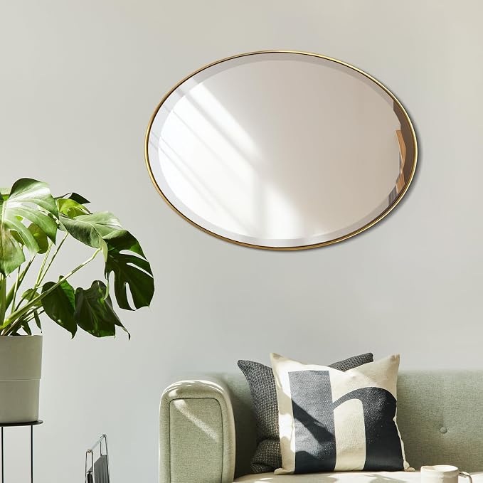 POZINO Oval Beveled Mirror, 20"x28" Brush Gold Vanity Mirror for Over Sink, Modern Brass Wall Mirrors for Bathroom Bedroom Living Room Hallway Entryway, Hangs Vertically or Horizontally