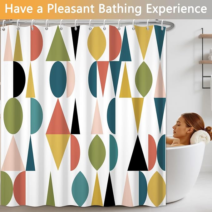 Colorful Rainbow Mid Century Shower Curtain for Bathroom, Waterproof Machine Washable Polyester Fabric Shower Curtain with 12 Hooks, Modern Boho Abstract Geometric Art Decor Bath Curtains, 72x72 Inch