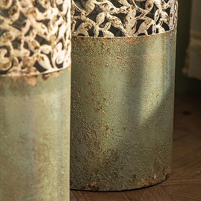 20.3″ Tall Metal Floor Vase – French Country Green & White Geometric Iron Cylinder Decorative Vase for Living Room • Entryway • Hallway (Rustic Romantic Accent & Dried/Faux Flowers)