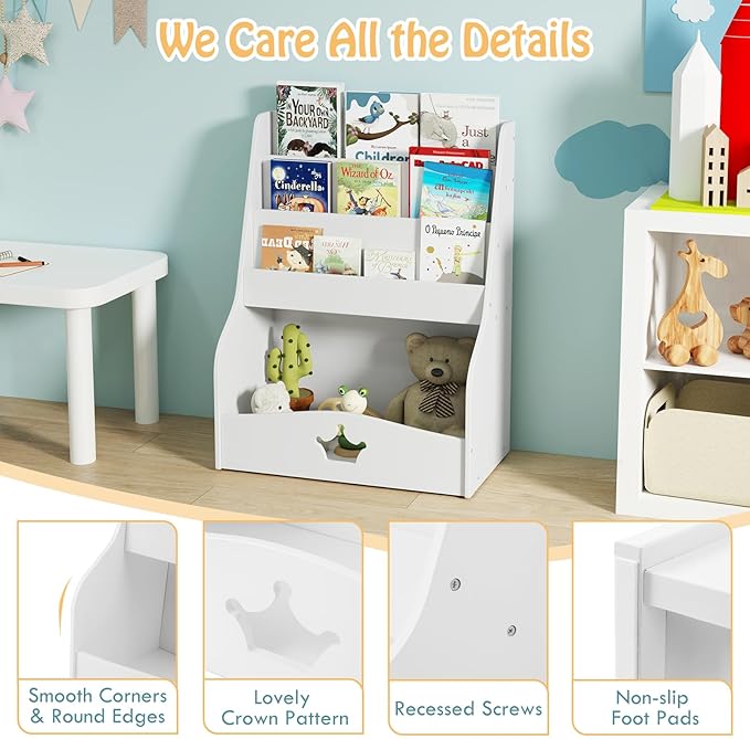 HONEY JOY Kids Bookshelf and Toy Storage, 3-Tier Wooden Toddler Bookcase, Children Book Rack, Large Storage Cubby Cabinet, Book Shelf for Kids Rooms, Playroom, Nursery, Classroom, White