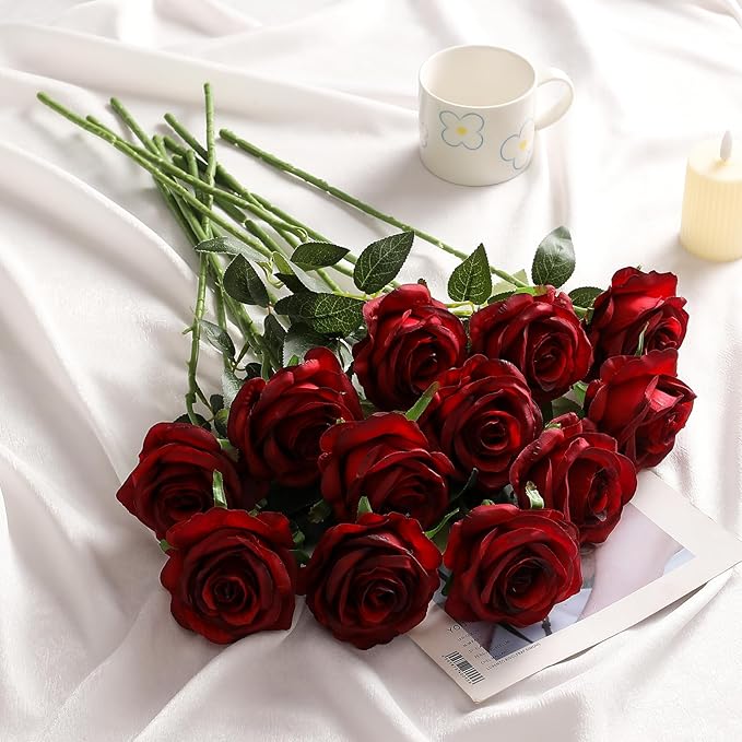 Kisflower 60 Pcs Burgundy Roses Artificial Flowers Bulk, Maroon Flowers Artificial Silk Roses with Stems for Decoration DIY Wedding Bouquet Bridal Shower Party Home Table Centerpieces Decor (Burgundy)