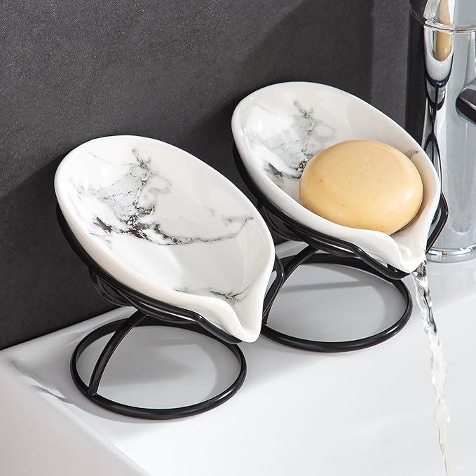 Dobbyby Leaf-Shaped Soap Dish – Ceramic Soap Bar Holder with Self-Drainage System – Bar Soap Holder for Shower, Bathroom Sink, Kitchen – Soap Dish with Stainless Steel Stand (White-Black-2 Pack)