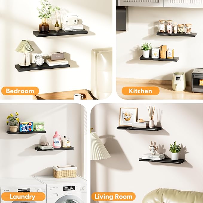 Solid Wood Live Edge Floating Shelves Set of 2 – 24" Rustic Wall Shelf with Hidden Bracket System, Wall Mounted Shelves for Bathroom, Kitchen, Living Room, Bedroom (Black)