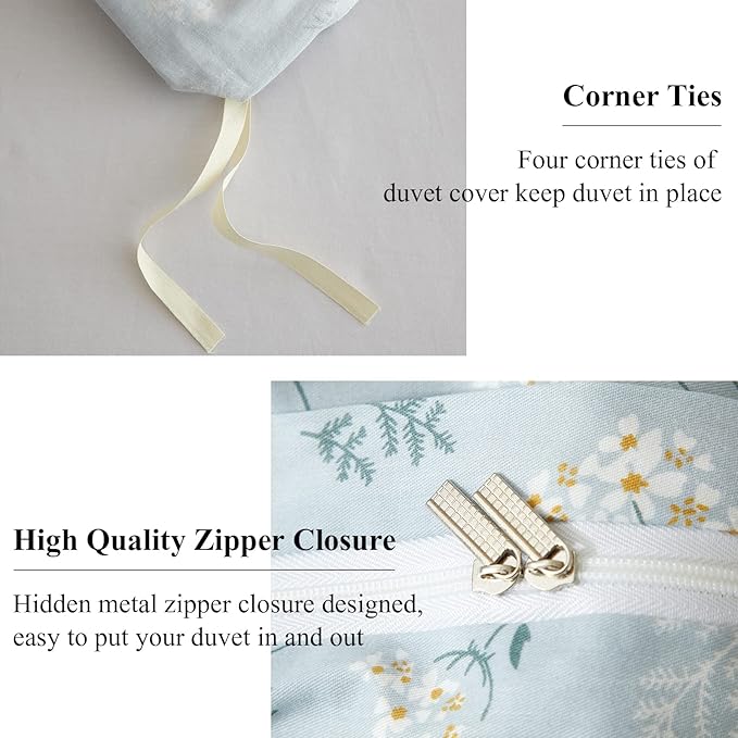 EAVD Boho Floral Duvet Cover King Soft Cotton Floral Blue Duvet Cover with 2 Pillowcases Chic Shabby Garden Flower Bedding Set Reversible Garden Floral Comforter Cover with Zipper Closure