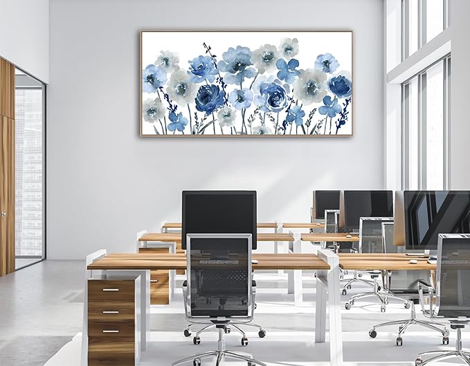 Framed Flowers Canvas Wall Art - Indigo Floral Canvas Pictures Living Room Wall Decor Botanical Canvas Prints Painting Abstract Artwork Bedroom Office Home Decor 29"x 58"