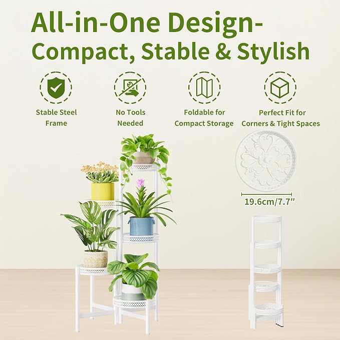 Metal Plant Stand Indoor Outdoor, 5 Tier Tall Flower Pot Holder Potted Display Rack Shelf, Heavy Duty Corner Plant Shelf for Patio Garden Balcony Living Room Bedroom - WhiteWave