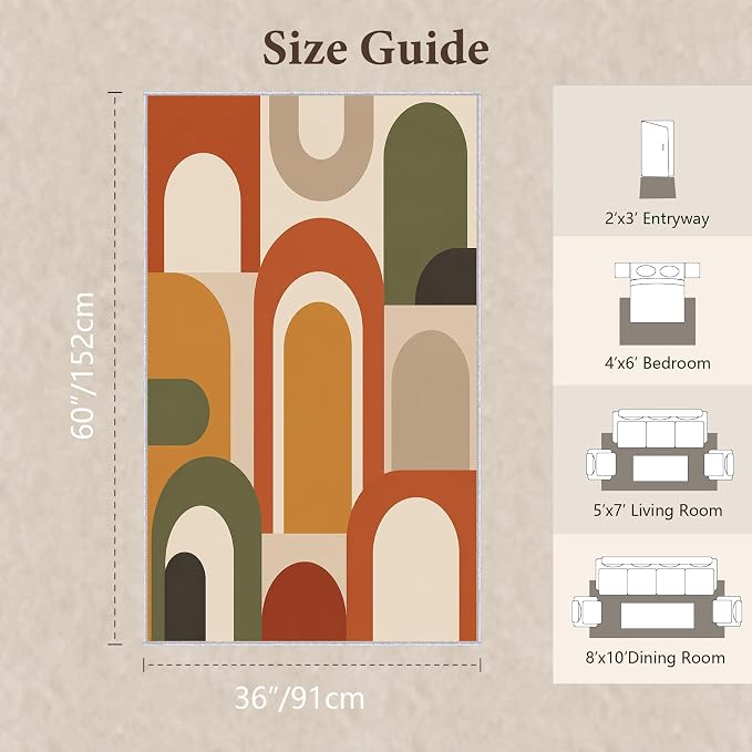 Mid Century Arch Area Rug 3x5, Terracotta Geometric Abstract Rug, Retro Modern Color Block Washable Low Pile Non Slip Rug for Living Room Bedroom