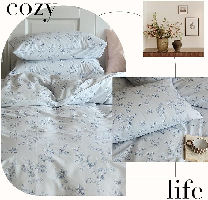 LifeTB Duvet Cover Set King 100% Cotton Vintage Blue Floral Duvet Cover Aesthetic Flower Comforter Cover with Zipper Closure Cottagecore Style Duvet Cover King with 2 Pillowcases for All Season