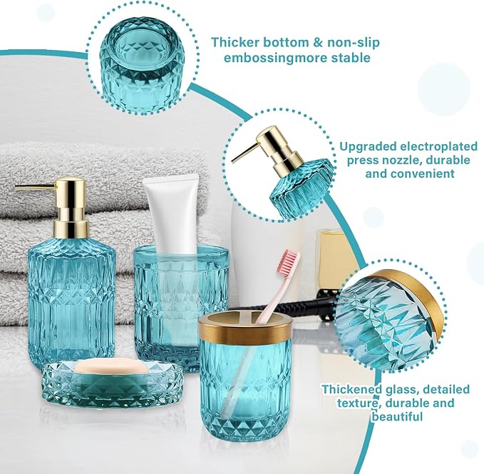 5Pcs Cyan Bathroom Accessories Set, Glass Bathroom Accessories, Vintage Bathroom Countertop Decoration Includes Soap Dispenser, Toothbrush Holder, Qtip Holder,Soap Dish and Rinsing Cup
