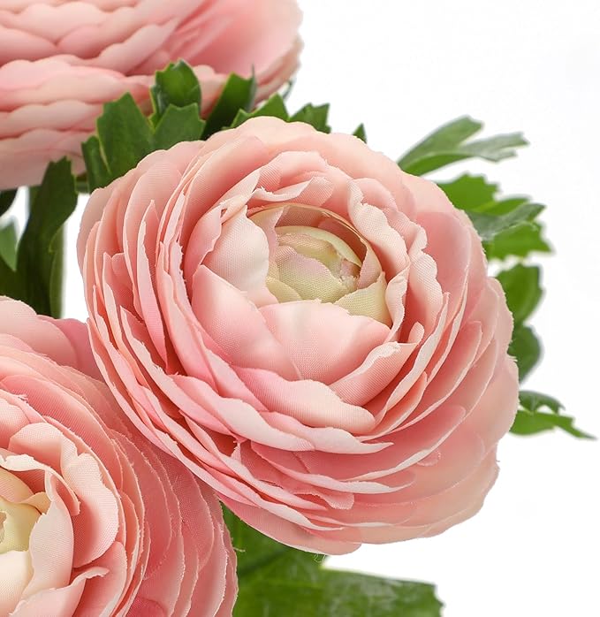 Hollyone 7 Heads Ranunculus Artificial Flowers Pink Fake Ranunculus Small Bouquets Silk Flowers Faux Floral Centerpieces Flower Arrangements for DIY Home Decor Wedding Party Bridal Shower Decorations