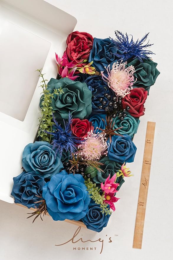 Ling's moment Fake Flowers Box, Foam Roses Artificial Fern Berry Faux Greenery Stems for Wedding Bouquets Centerpieces Table Decorations Floral Arrangement, Navy Blue & Pink, Deluxe Combo