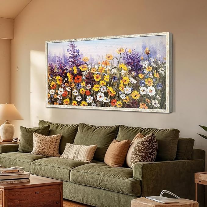 Ardemy Wildflower Wall Art Canvas Living Room Framed Daisy Floral Large Colorful Pictures Wall Decor Textured Purple Paintings Artwork for Walls Bedroom Home Office, 48"x24"