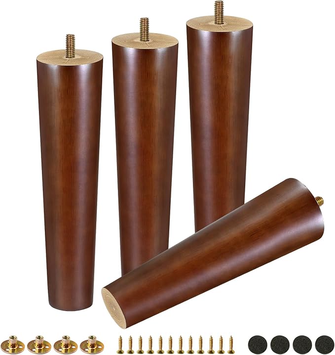 FoDau770 Brown Rubber Wood Furniture Legs 9 Inches, Straight Tapered Wood Feet Mid Century Sofa Legs Set of 4, 5/16" UNC Furniture Feet for Cabinet Couch Dresser Chair Ottoman Table