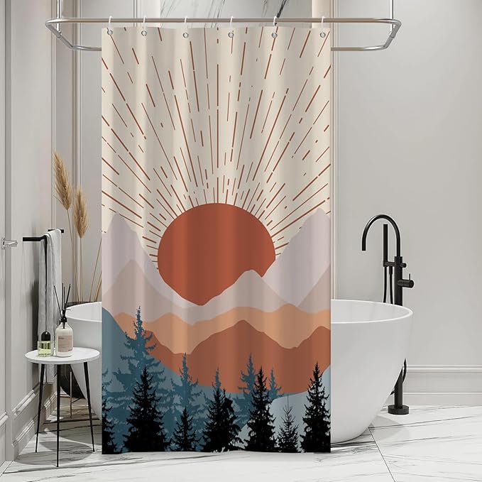 Abstract Mid Century Shower Curtain Boho Sunset Geometric Mountain Forest Aesthetic Bath Curtain Minimalist Home Decor Waterproof Fabric with Hooks 36x72 inch