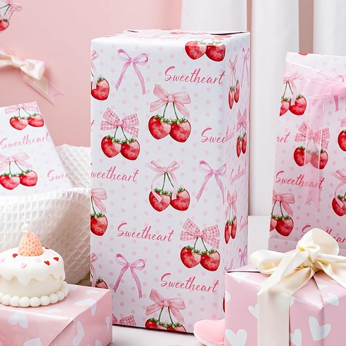 Homeral Pink Strawberry Birthday Wrapping Paper Roll - 17In x 16.5Ft Reversible Gift Wrap, Strawberry and Bow Pattern Art Paper for Girls Baby Shower, Birthday, Wedding, Valentine’s Day, DIY Crafts