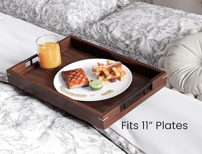 Fibogollo Walnut Wood Serving Tray with Metal Handles,17x12in Ottoman Decorative Trays Platter for Coffee Table,Living Room,Bar(Large)
