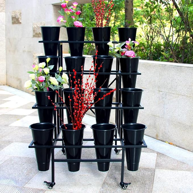 Zhongma Flower Display Stand with 16pcs Plastic Buckets for Fresh Flowers Heavy Duty Garden Cart Moving Flower Bucket Stand with Wheels