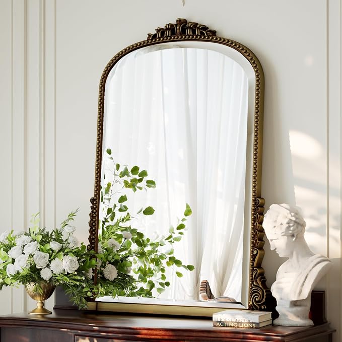 28"×40" Gold Wide Arched Wall Mirror, Vintage Carving Bathroom Vanity Makeup Mirror, as Wall Decor Hanging Leaning for Fireplace Mantle, Living Room, Bedroom, Vanity Area