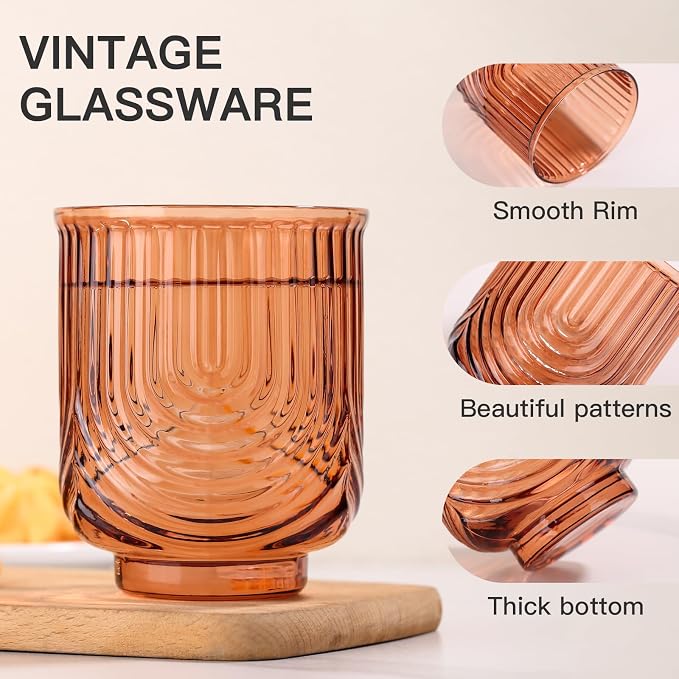 JOVGANK Amber Vintage Drinking Glasses Set of 6-14Oz Brown Glass Drinking Glasses, Art Deco Ripple Highball Glass, Whiskey Cocktail Glasses for Bar Coffee Juice, Housewarming and Mother's Day Gift