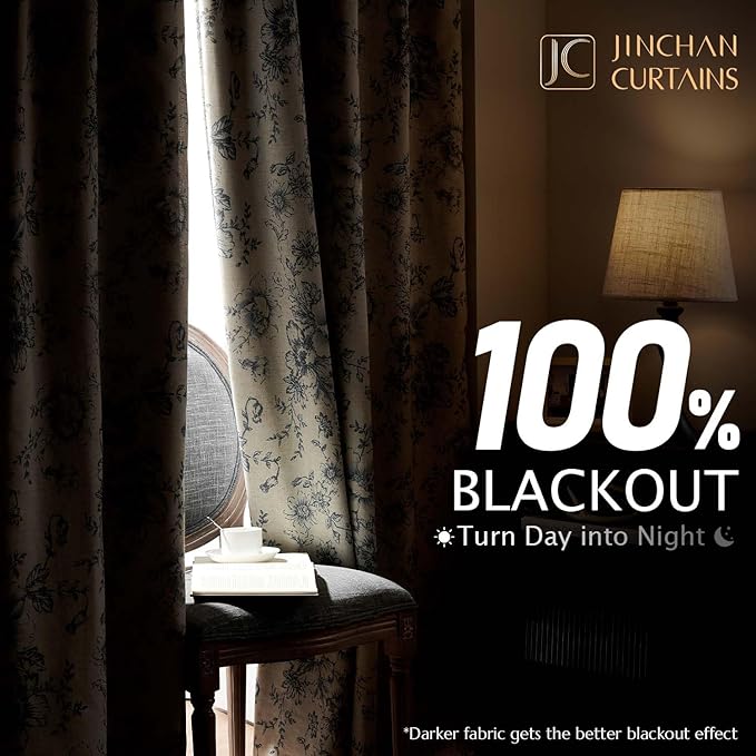 jinchan Blackout Linen Blend Curtain Gray Floral Blackout Curtains for Living Room 96 Inch Length Grey Printed with Lined Blackout Curtain for Bedroom Farmhouse Curtains Set 2 Panels