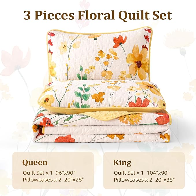 Anibedding Quilt Set Full Size, Yellow Floral Reversible Bedspread Soft Microfiber Lightweight Full Quilt Bedding Sets Reversible Coverlet for All Season(78"x90")