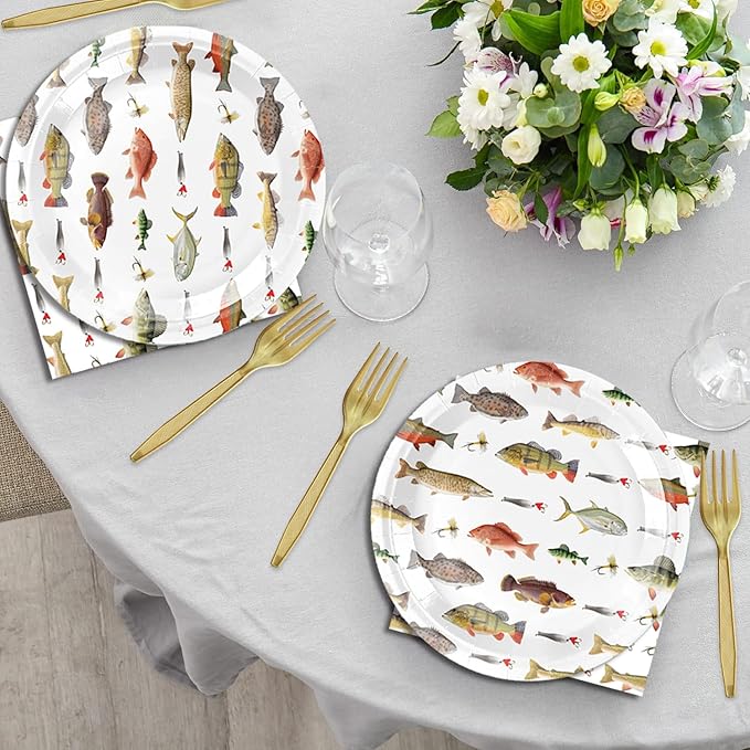 48Pcs GO Fishing Birthday Party Decorations Desserts Plates Napkins forks for 20 Guests Fishing Party Supplies for Kids