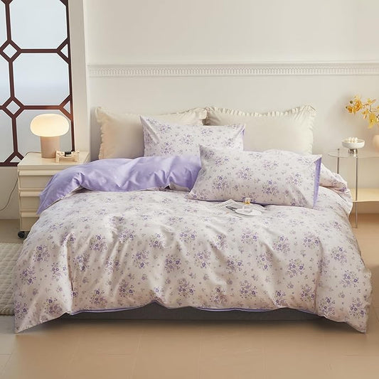 Purple Floral Duvet Cover King Garden Style Purple Flower Comforter Cover 100% Cotton Floral Bedding Set 1 Duvet Cover with 2 Pillowcases Vintage Botanical Aesthetic Comforter Cover with Zipper Ties