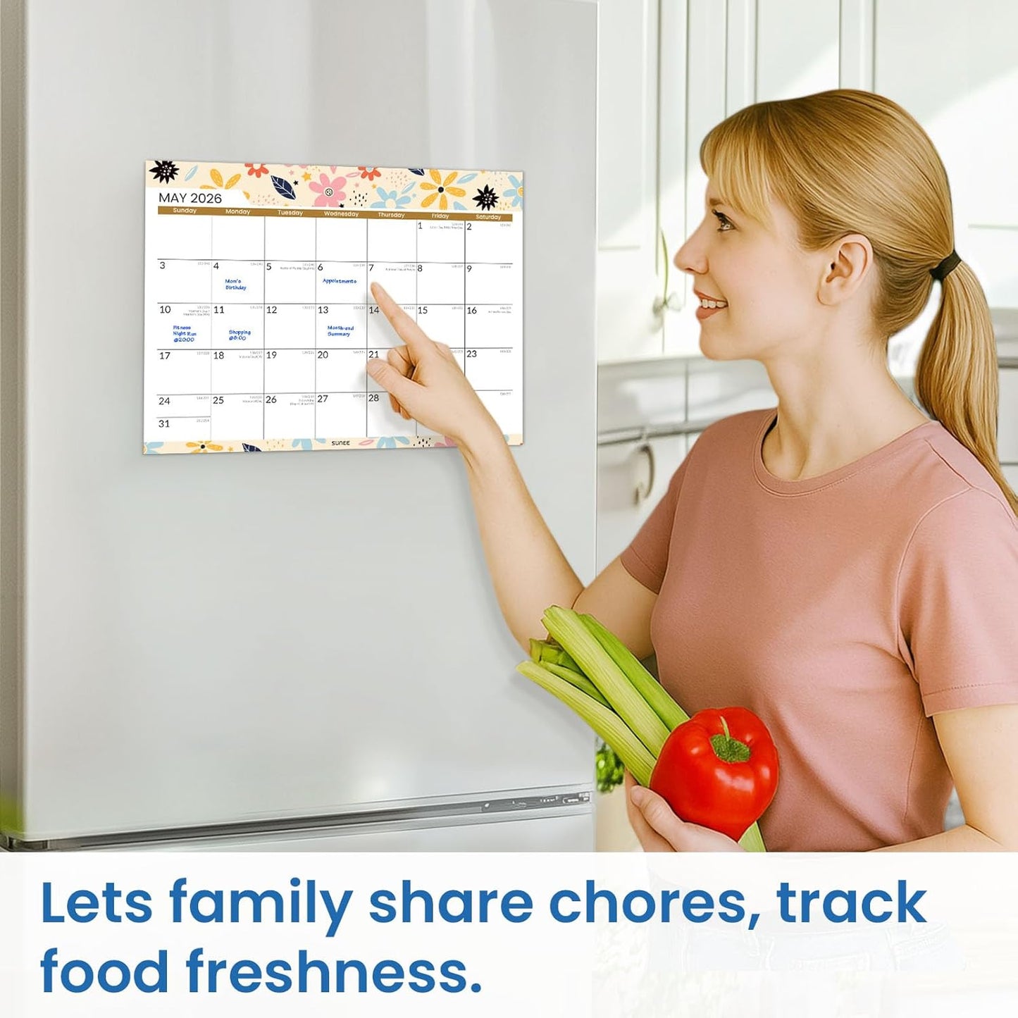 SUNEE Magnetic Refrigerator Calendar 2026-2027 | 21-Month Family Planner | 8.5"x11" Monthly Design