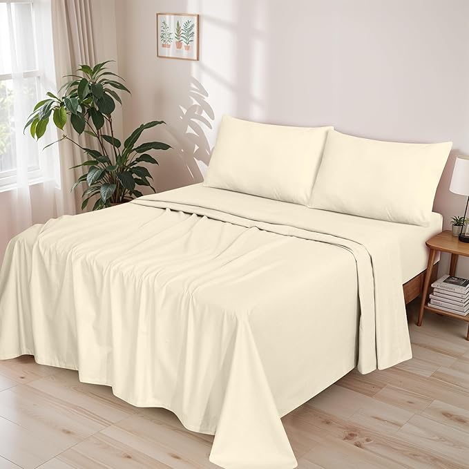 RUVANTI Flannel Sheets King Size - GOTS Certified 100% Organic Cotton, 4 Piece Warm, Soft & Breathable Set, Deep Pocket Snug Fit, Double Brushed Cozy All Season Bedding, Winter White
