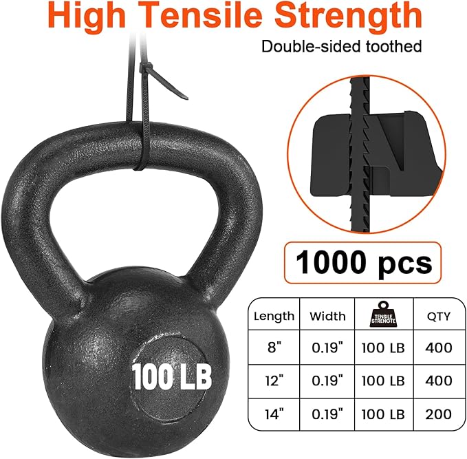 Zip Ties Assorted Size,8+12+14 Inch V-Shaped Toothed Double Sided Toothed,100 LBS Tensile Strength Heavy Duty Cable Wire Ties More Durable Nylon Tie Wraps for Indoor Outdoor（1000 Pack）