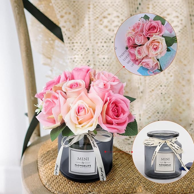 XIAYAN Artificial Flower and Glass vase, Silk Rose Flower Glass Bottle Set, Suitable for Living Room, Dining Table, Office, Wedding, Hotel Banquet and Other Home Decoration. (Pink)………