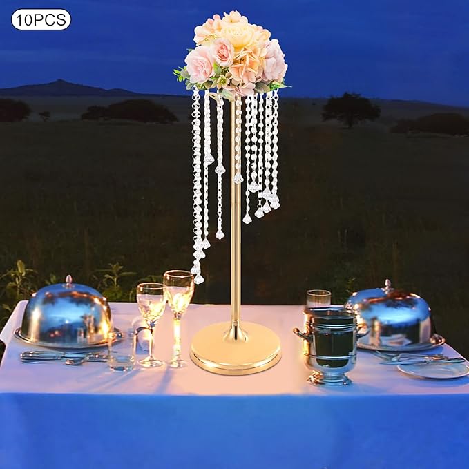 Bud Vases | Vase| 10PCS Gold Crystal Flower Vases | 27.5" Height | Elegant Wedding Centerpieces | Sparkling Crystal Accents | for Wedding Aisle Decor, Wedding Reception, Event Centerpieces