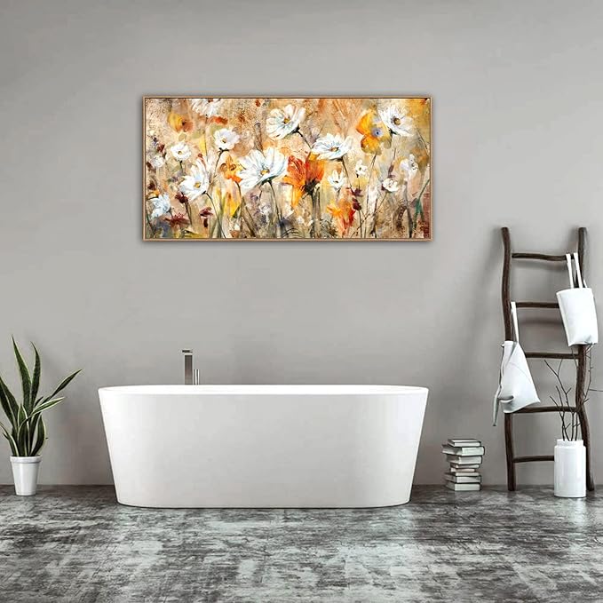 Framed Wall Art Wildflowers Canvas Wall Pictures Abstract Daisy Flowers Canvas Prints Orange Yellow Floral Landscape Painting Artwork for Living Room Bedroom Kitchen Home Office Decor 24"x 48"