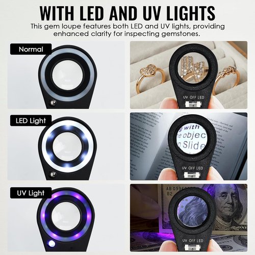 Skiennix 20x Foldable Pocket Magnifier - Illuminated Loupe with UV & LED Light for Jewelry, Coins & Antiques