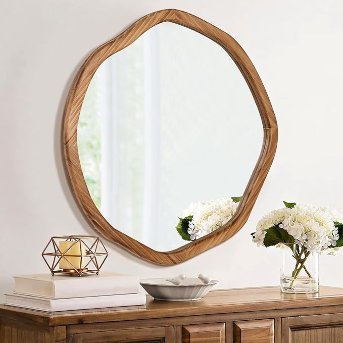 ULIKE Round Wood Mirror, 30 Inch Irregular Circle Vanity Wall Mirror with Wooden Frame, Rustic Decorative Wall Mount for Bathroom Bedroom Living Room Entryway, Rustic Brown