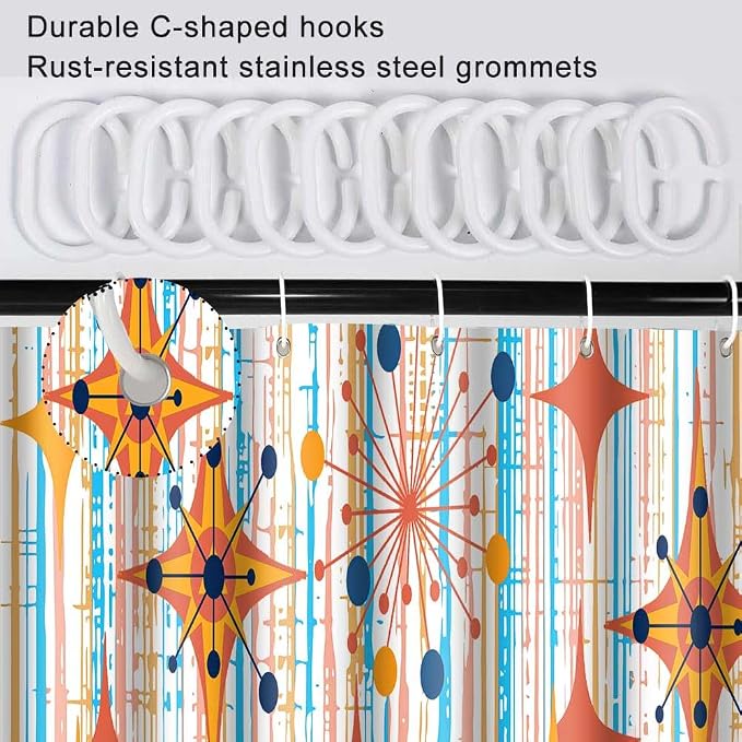 Mid Century Shower Curtain, 36x72inch, Modern Abstract Retro Colorful Striped Geometric Shower Curtain Sets 1950s Boho Bathroom Shower Curtain with 6 Hooks