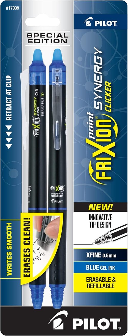 Pilot FriXion Synergy Gel Pens - Erasable, Retractable, Refillable | 0.5mm Extra-Fine Point, Black Barrel, Blue Ink (2-Pack)