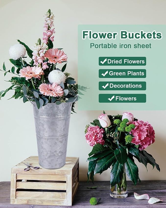 12 Inch Galvanized Metal Vases for Flowers - 6 Pcs Farmhouse Decorative Tall Flower Bucket with Handles, Rustic French Tin Planter Buckets for Wedding Decor (Silver)
