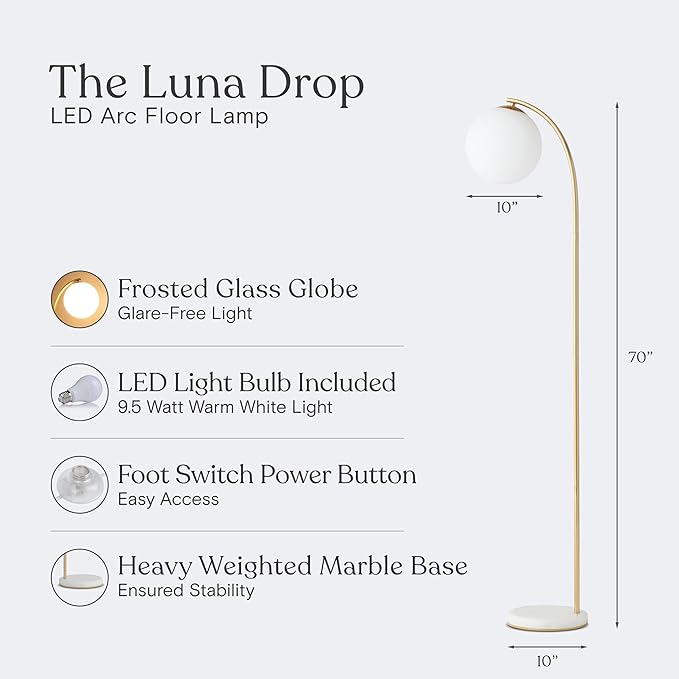 Brightech Luna Drop 75 in. Antique Brass Modern 1-Light LED Energy Efficient Floor Lamp with Frosted White Glass Globe Shade FL-LNDRP-BRS