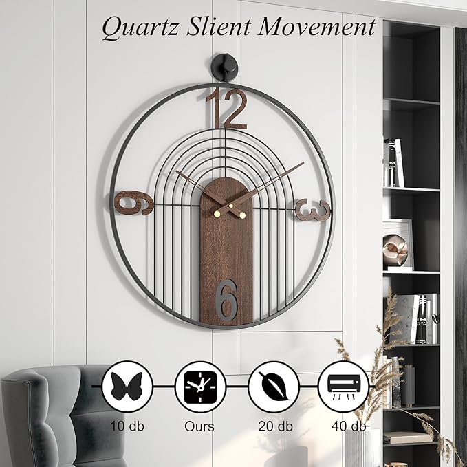 Modern Large Walnut Dial Wall Clock, Wood Metal Frame Silent Non Ticking Wall Clocks Decoration for Living Room, Bedroom, Kitchen, Study, Handmade Home Decor Present Idea, 22 Inch
