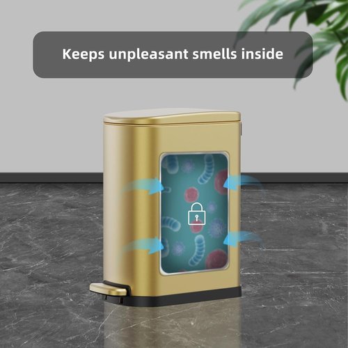 KSSKSS Slim Bathroom Trash Can - 2.6 Gallon Stainless Steel with Soft Close Foot Pedal | Gold Finish