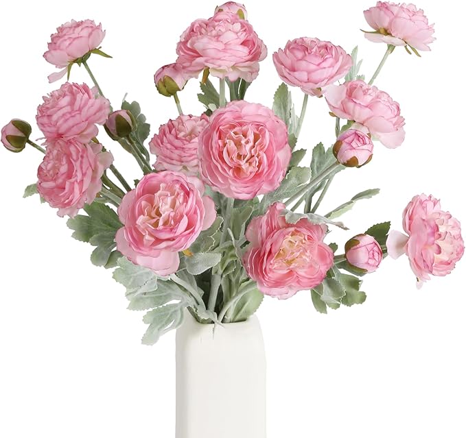IPOPU Pink Peonies Artificial Flowers 6pcs Pink Artificial Ranunculus Flowers18Heads Pink Silk Peonies with Stems Real Look for Spring Decorations Floral Arrangements Home Table Centerpiece