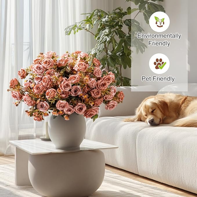 Artificial Rose Flowers for Outdoor 4 Bundles Rose Bouquet with Daisy Faux Flowers UV Resistant for Home Indoor Outside Garden Porch Window Box Balcony Yard Porch Fall Decor (Brown)