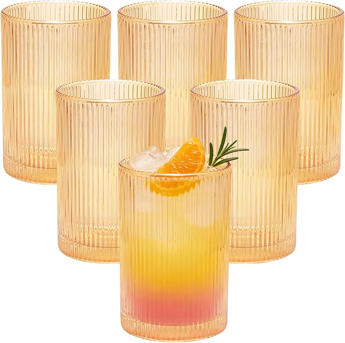 18 oz Ribbed Drinking Glasses Set of 6, High Clear Vintage Iced Coffee Cups Elegant Glassware, Highball Glass Cups Ridged Glass Tumbler for Cocktail, Whiskey, Beer, Water, Juice, Origami Style Amber
