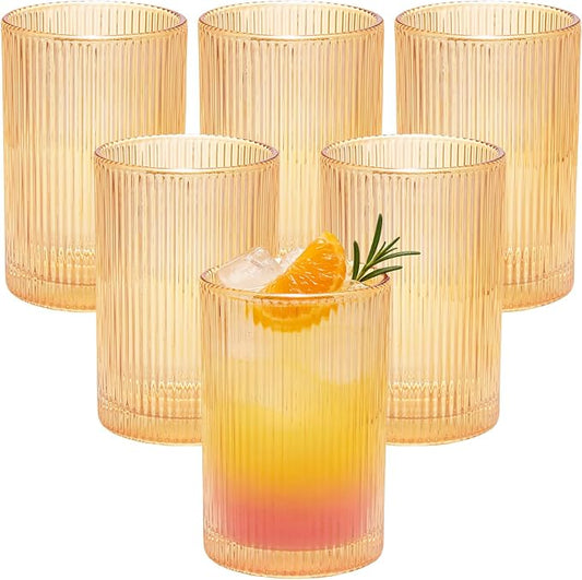 18 oz Ribbed Drinking Glasses Set of 6, High Clear Vintage Iced Coffee Cups Elegant Glassware, Highball Glass Cups Ridged Glass Tumbler for Cocktail, Whiskey, Beer, Water, Juice, Origami Style Amber