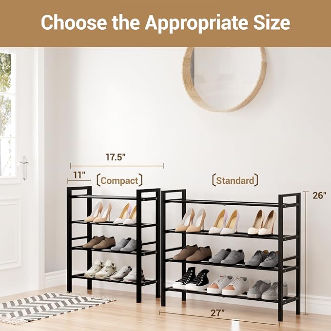 Haddockway Bamboo Shoe Rack for Closet, Free Standing Shoe Organizer with Smooth Round Rods & Convenient Handles, Stackable Shoe Storage Shelf for Entryway, Hallway(Black, 4-Tier)