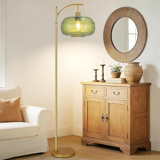 QIYIZM Glass Floor Lamp for Living Room,Bedroom,Gold Dimmable Standing Lamp with Remote,Green Mid Century Modern Brass Vintage Tall Lamp Floor Lamps Arc Boho Floor Light Lamp Bohemian