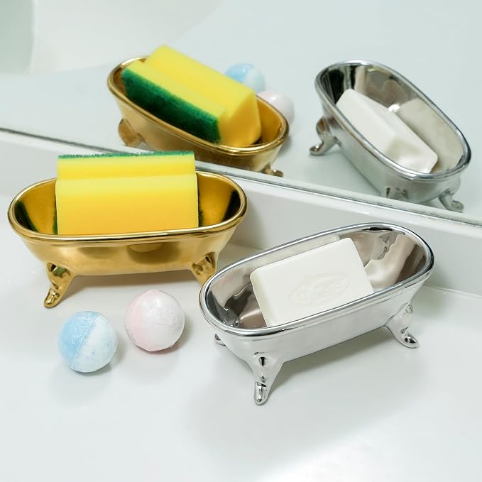 6.7" Ceramic Mini Clawfoot Bathtub Bar Soap Dish, Decorative Bar Soap Holder, Soap Tray Sponge Holder for Shower, Bathroom & Kitchen Sink (Gold)
