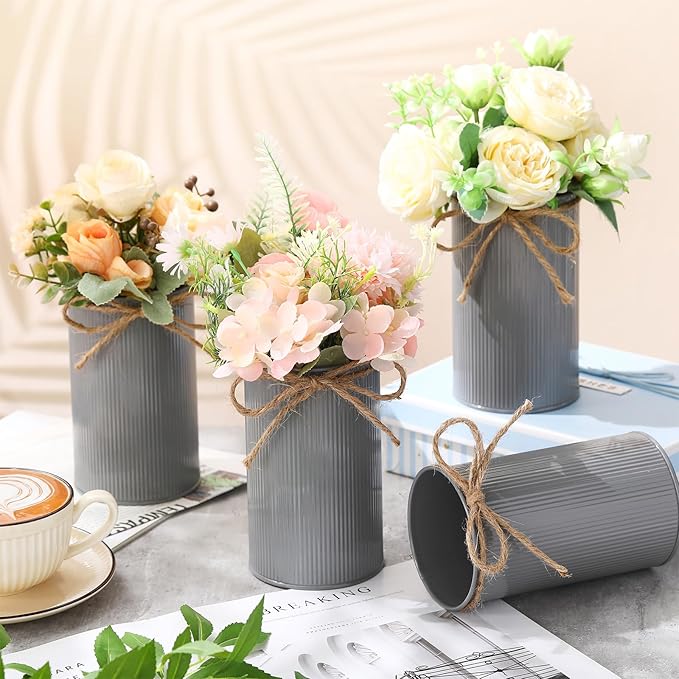 Domensi 5.91 in High Farmhouse Vase Decor Galvanized Metal Flower Vase with Twine Bow Vintage Rustic Tin Flower Buckets for Artificial Floral Table Container DIY(Gray,8 Pcs)