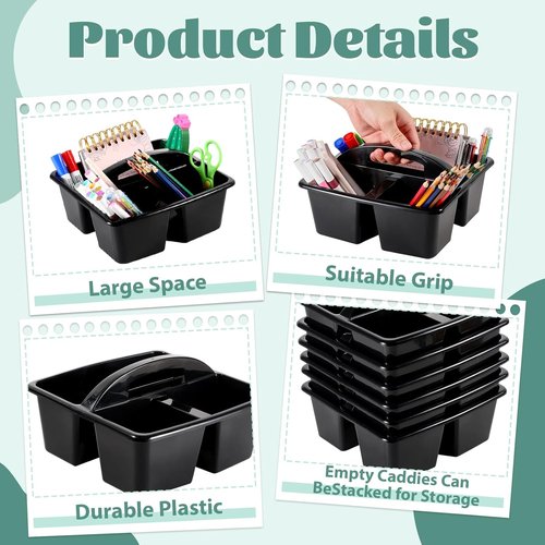 Skiennix 6-Pack Classroom Caddy - Portable Plastic Organizer with 3 Compartments for School Supplies | Black